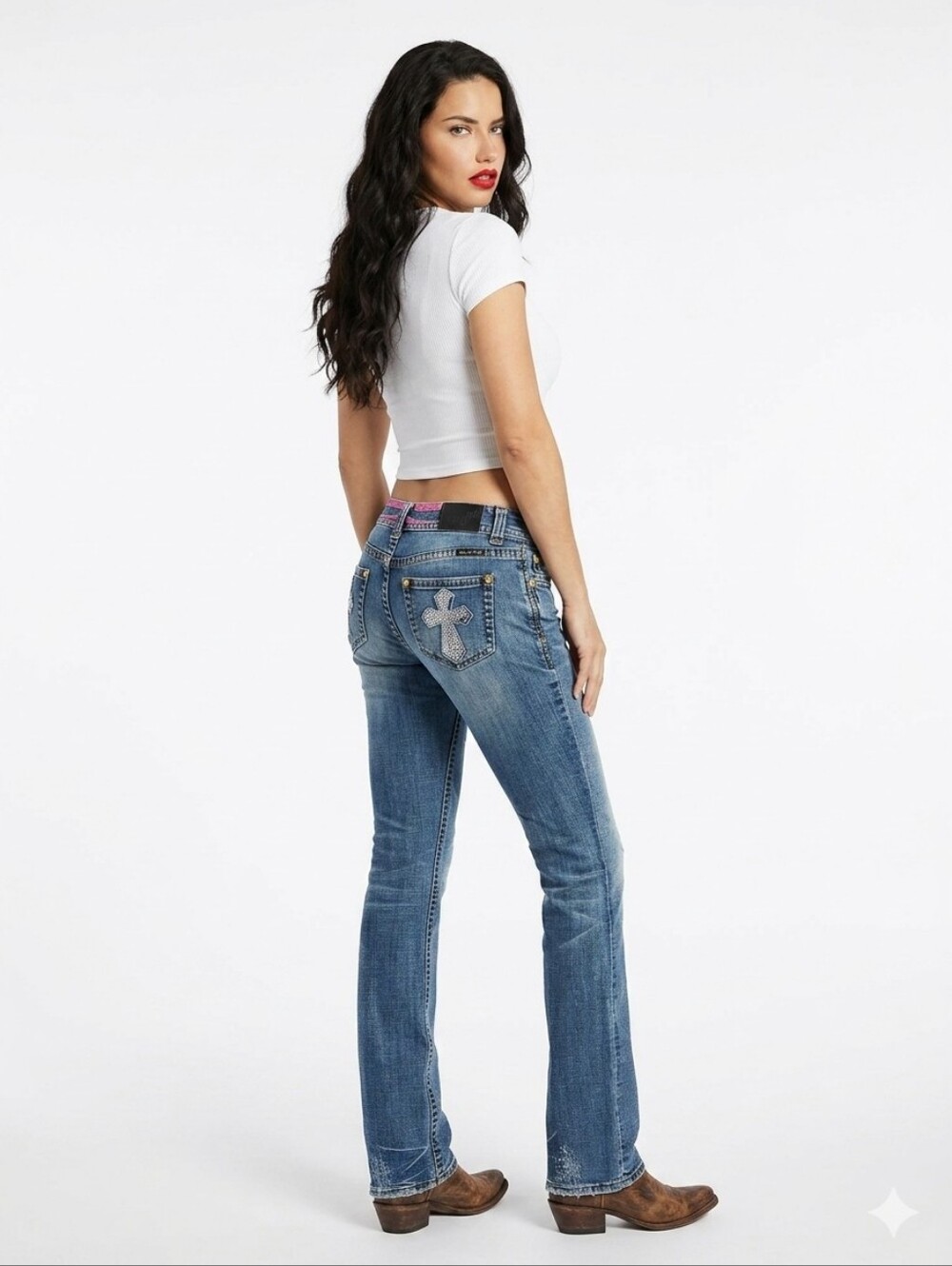 Rock & Roll Cowgirl Blue Denim Bootcut Jeans with Rhinestone Cross Pockets